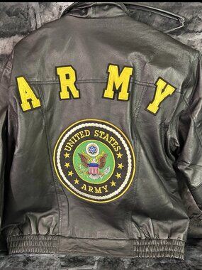 Vintage Leather Mens Black Army Leather Bomber Jacket XL Patriotic Eagle Crest